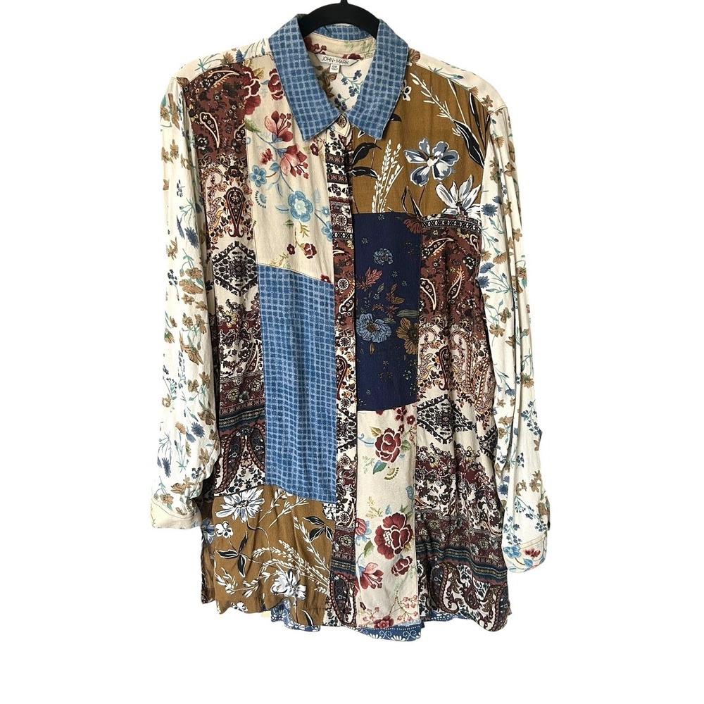 JOHN MARK Artsy Boho Tunic‎ Top Blouse Art Wear Patchwork Cottage 0X  Roll-Tab